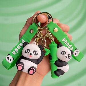 Cute Panda Keychain Combo (Set of 2) – Soft Silicone Cartoon Panda Keyrings with Green Strap | Durable Animal Keychain for Kids, Girls, Bags, Backpacks & Return Gifts