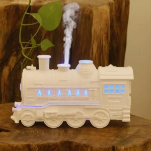 White Steam Train Shape Flame Aroma Diffuser with LED Light & Humidifier