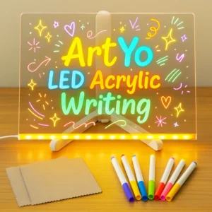 LED Acrylic Writing Pad Dry Erase Board (12×8 Inch) with 7 Chalk Markers & Tripod Stand