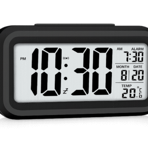 Digital Alarm Clock with Temperature Display & Smart Night Light | Loud Crescendo Alarm | Battery Operated LCD Bedside Clock for Bedroom, Study Room & Office